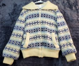 Vintage Sheepland Sweater Womens Size Medium Cream Blue Striped Knit Full Zipper - £26.18 GBP