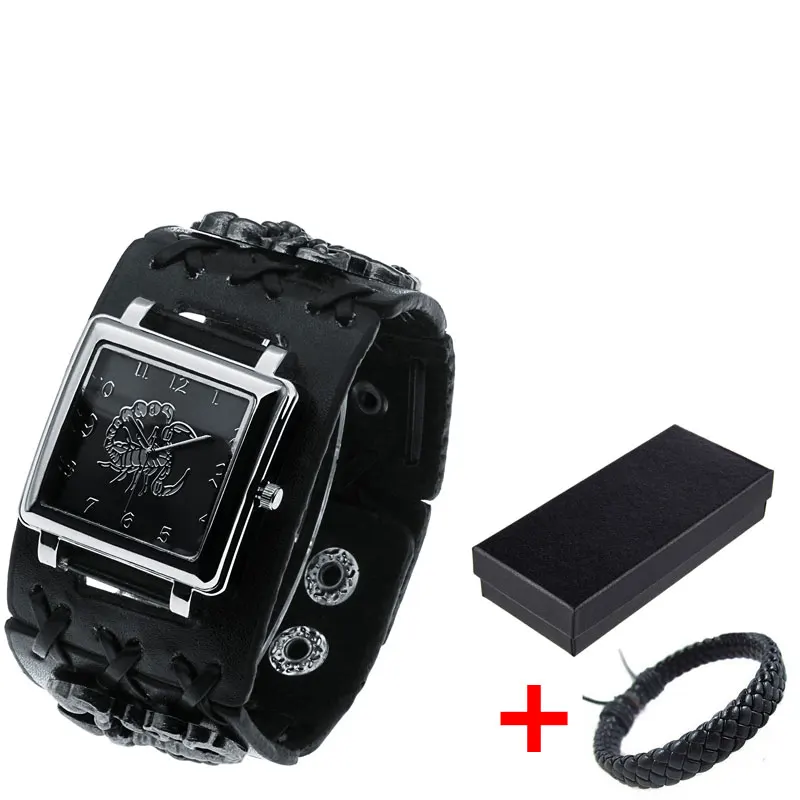 Fashion Mens Watches Classic Black Wide Leather Cuff Band Watch Cool Sty... - £22.26 GBP