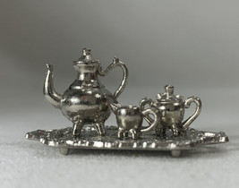 Vintage  1980&#39;s Dollhouse Silver Toned Tea Set Creamer Sugar Etched Tray Metal - $15.84