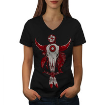 Indian Buffalo Skull Shirt Feather Women V-Neck T-shirt - £10.38 GBP