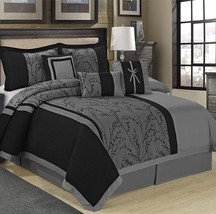 HIG 7 Pieces Bedding Set Floral Jacquard Patchwork Gray and Black Comforter Set - £39.56 GBP+