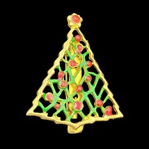 Vintage Gold-Tone Enamel Open-work Christmas Tree Brooch Red &amp; Green Acc... - $18.95