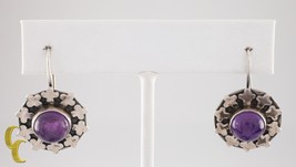 Vintage Sterling Silver Amethyst Cabochon Dangle Earrings with Hook Backs - £142.11 GBP