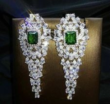 Green Emerald &amp; Diamond Chandelier Earrings 18K White Gold Over Designer Jewelry - £100.27 GBP