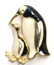 Mother Baby Penguin Gold Tone Enamel Brooch Pin Black White Figural Anim... - $12.99