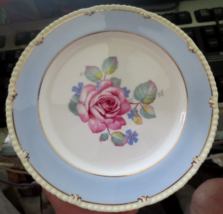 PARAGON Pink Cabbage Rose 8 1/4&quot; Salad Plate Blue Cream Gold Border Queen Mary - £174.55 GBP