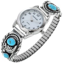 Native American Navajo Turquoise Ladies Watch Sterling Tips &amp; Stretch Band - £128.29 GBP