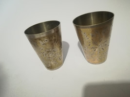 2 pieces Vintage Old Copper Brass Two Water Cups flowers Carved Hammered Handmad - £27.97 GBP