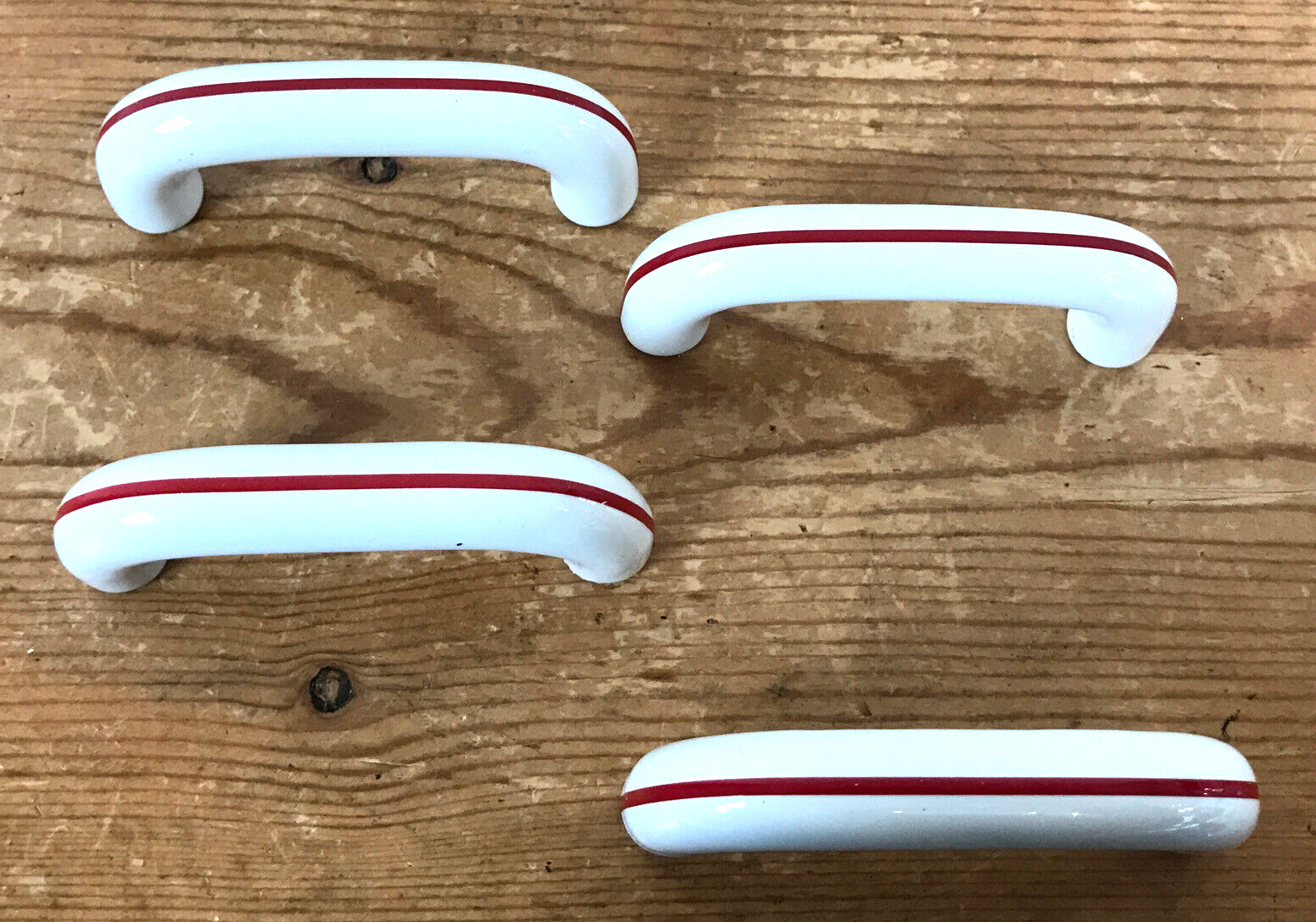 Primary image for Set Lot 4 Vtg Belwith Porcelain Red Stripe Art Deco Drawer Cabinet Pulls Handles