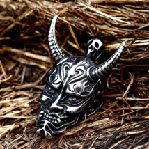 Mens Japanese Devil Demon Hannya Mask Pendant Necklace Stainless Steel Chain 24&quot; - £13.44 GBP