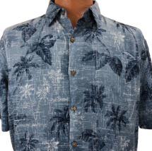 Island Shores Aloha Hawaiian Shirt Size L Palm Trees Blue Leaves 100% Rayon - £31.49 GBP