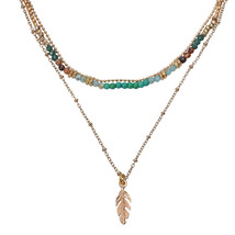 Boho-Chic Brass Feather Pendant with Green Quartz Beads Layered Necklace - £12.02 GBP