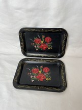 Vintage 4” X 6” Toleware Tin Trays Black With Red Roses - $8.59