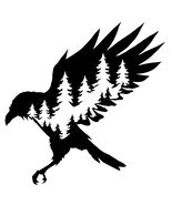 Forest Raven Silhouette Vinyl Decal, 6 Inch Bird Sticker with Pine Tree Overlay, - $5.88