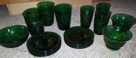 19 Vintage Anchor Hocking Forest Green Sandwich Glass Berry Pieces Rare Pattern - £93.45 GBP