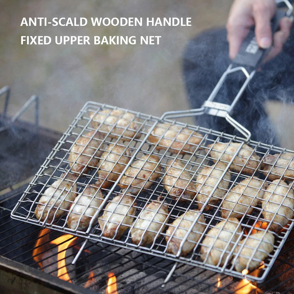 BBQ Grilling Basket Folding Outdoor Camping BBQ Rack Wooden Handle Grilling - £18.34 GBP