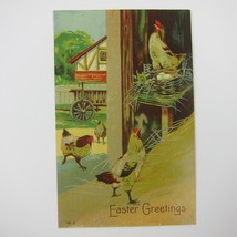 Easter Postcard Chickens Roost Eggs in Nest Hay Wagon House Embossed Antique - £7.98 GBP