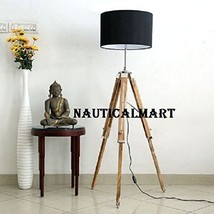 Chrome Finish Natural Wooden Tripod Floor Lamp With Black Shade By Nauti... - £149.32 GBP