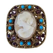 FLORENZA Victorian Gold Tone Cameo Purple Rhinestones Blue Turquoise Bead Brooch - £53.92 GBP