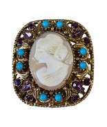 FLORENZA Victorian Gold Tone Cameo Purple Rhinestones Blue Turquoise Bea... - $67.61