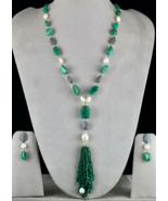 Certified Natural Emerald Beads Diamond Pearl 18K Gold Necklace Earring ... - £5,427.32 GBP