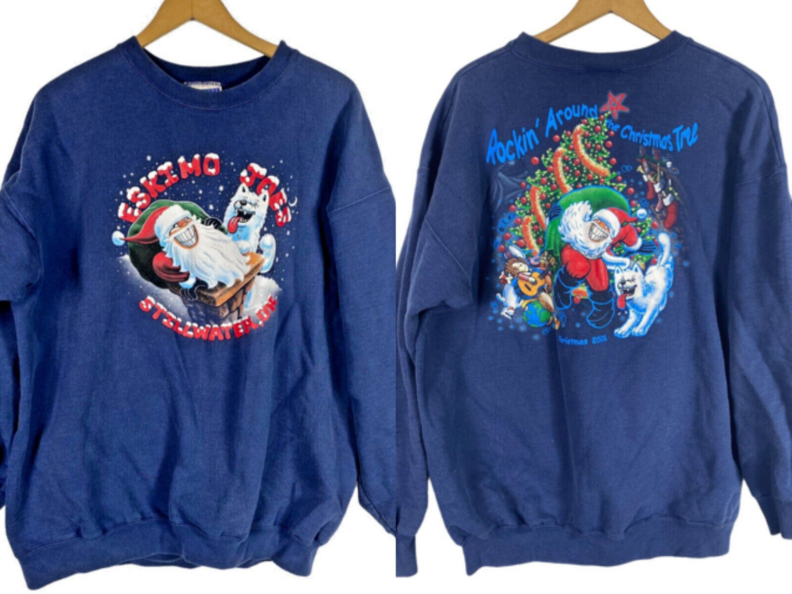 Primary image for Eskimo Joes Sweatshirt Size Large Christmas Santa 2001 Rockin Round Tree Vintage