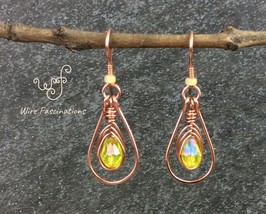 Handmade copper earrings: teardrop framed wire wrapped yellow crystal - £20.04 GBP