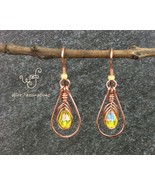 Handmade copper earrings: teardrop framed wire wrapped yellow crystal - £20.13 GBP