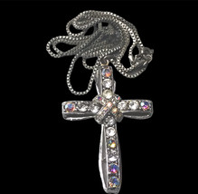 vintage ab &amp; Rhinestones stones cross necklace 24” Long Chain - $16.20