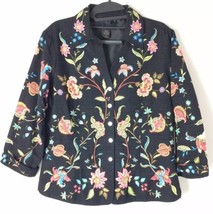 Silk Land Woman Black Shirt Jacket Floral Sequin Lined Long Sleeve Sz M - $32.30