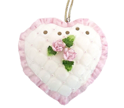  Heartline Hanging Heart Vintage Sachet Pomander Ceramic White Pink Roses  - $14.00