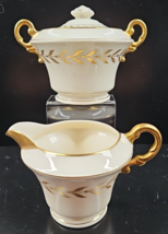 3 Pc Syracuse China Jefferson Creamer Sugar Bowl Lid Set Vintage Gold La... - $33.63