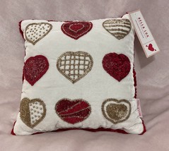 New Bella Lux Beaded Valentine Hearts Throw Pillow Red Gold White w/Fringe 12x12 - £36.08 GBP