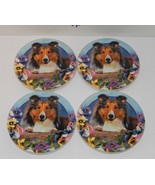 Set of 4 Vintage Ceramic &amp; Cork Wine Oval Round Coasters Collie Dog - $20.74 CAD