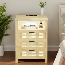 Rattan Nightstand With Charging Station, Night Stand With 3, Natural Wood - $87.94