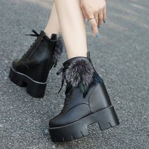 Women Winter Ankle Boots 12CM Warm Fur High Platform Motorcycle Boots Leather Hi - £39.49 GBP