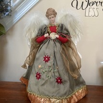 Vintage Porcelain Angel Tree Table Topper Green Damask W Feather Wings 16” - £33.31 GBP