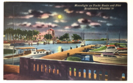 Bradenton FL-Florida, Moonlight On Yacht Basin &amp; Pier Vintage PC Posted 1954 - £7.99 GBP
