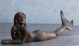 Rustic Cast Iron Nautical Siren Mermaid with Tail Stretched Out Statue 9... - $21.99