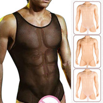 Men&#39;s 1 Piece Sheer Mesh Bodysuit Leotard Vest Sheath Jumpsuit Underwear... - £7.01 GBP