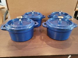 Set of 4 Wolfgang Puck Mini Blue Cast Iron Cocotte Dutch Oven Knob Lid 8 oz. - £67.93 GBP