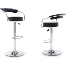 Set of 2 Modern Bar Stools with Black Faux Leather Round Seat with Footrest - £154.48 GBP