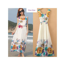 BOHO Summer Maxi White Floral Dress Sleeveless Pleated Elastic Waist - $24.18