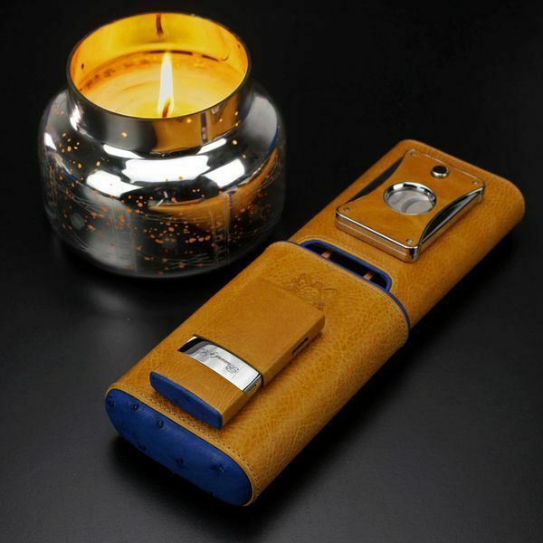 The &quot;Show Band&quot; 3 Cigar Case - Blue Ostrich and Camel Color Leather - $230.00