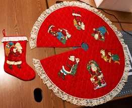 Old Time Santa Tree Skirting With 1 Stocking Lace Quilted Red Vintage - £17.20 GBP