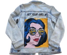 Boom Boom Jeans Stay Chic NOT YOUR GIRL Denim Jacket  Pop Art Light Wash Small - £22.24 GBP