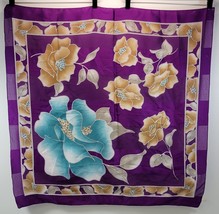 L) Vintage Italian 100% Polyester Head Scarf 28&quot; x 28&quot; Purple Floral Ban... - £7.77 GBP
