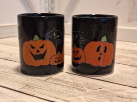 2 VTG Hallmark AGC Halloween Ceramic Votive Candle Holders Pumpkins Black Cats - $9.89