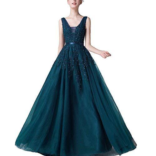 Kivary Women V Neck Sheer Beaded Long Prom Dress Formal Tulle Evening Gown Teal
