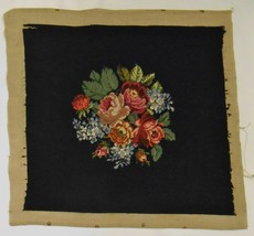 FLORAL BOUQUET on Black Needlepoint Embroidery Art Panel Craft Upholstery - $89.95